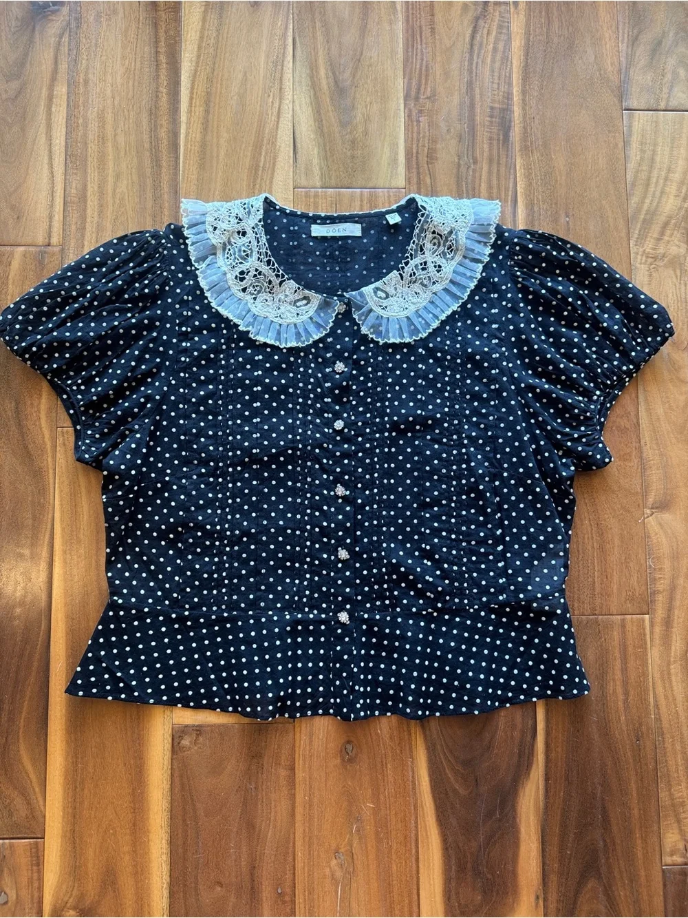 Doen Oleta blouse Lace-Collar Puff Sleeve Polka Dot Top 100% cotton